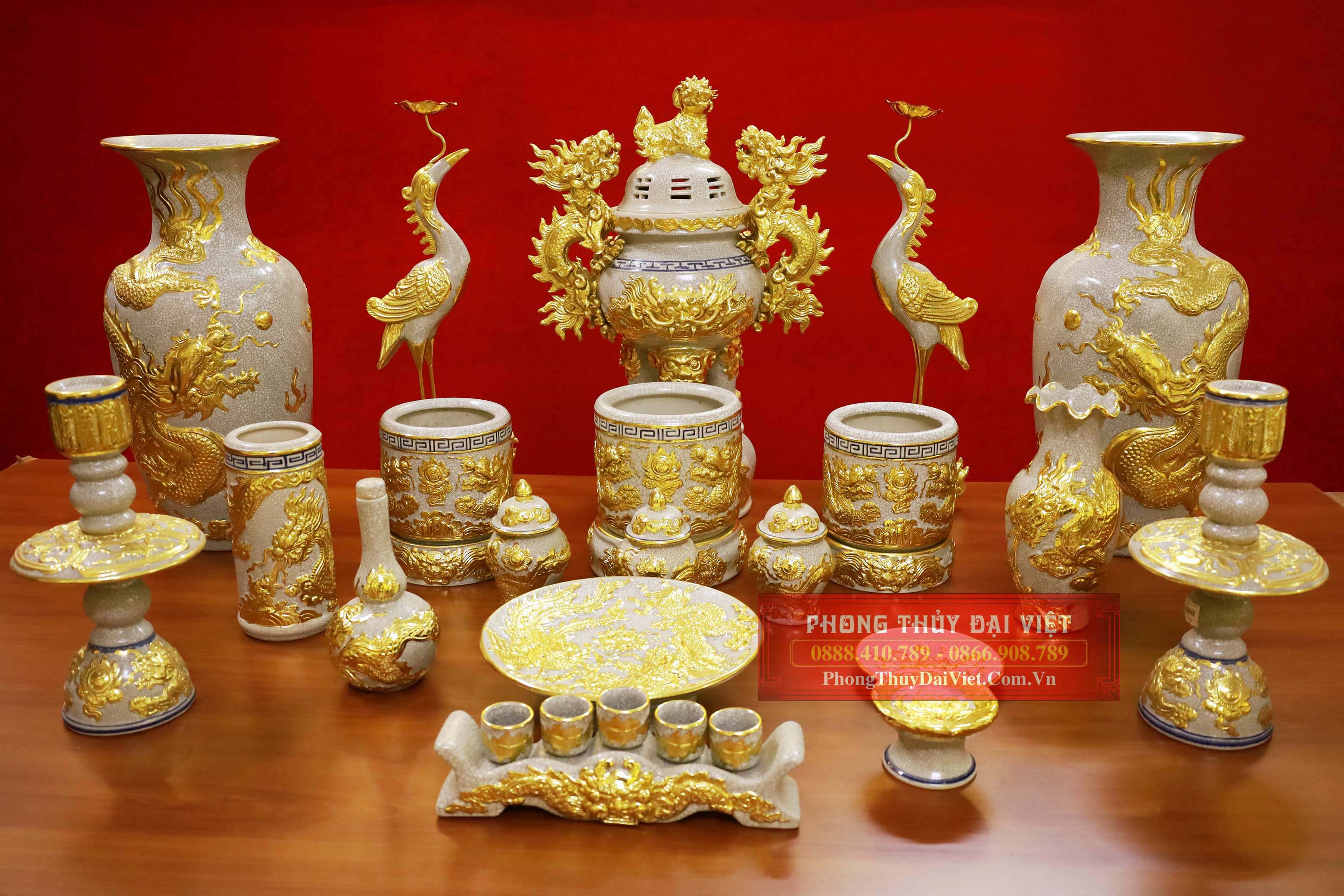 Bộ đồ Bát Tràng men rạn đắp nổi dát vàng 24k cao cấp