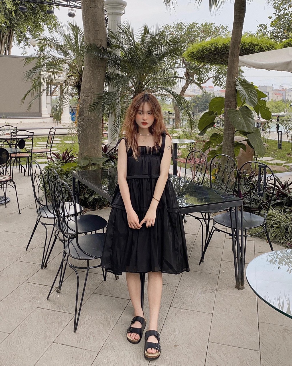 Váy chun eo tay lỡ cột nơ màu cam đất
