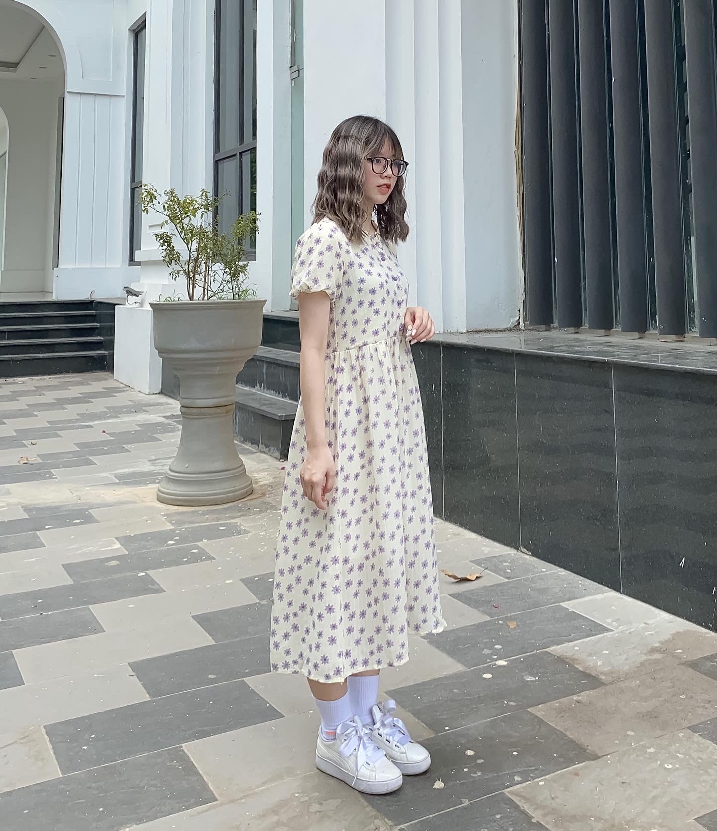 Đầm xòe hoa nhí xanh cổ tròn nhún 2 tầng xếp bèo cổ