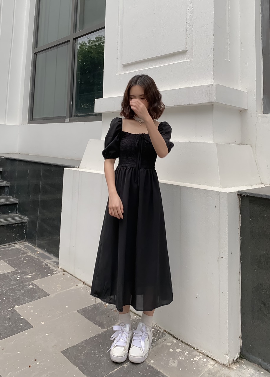 Váy đen cổ vuông tay trắng nơ V87  Lazadavn