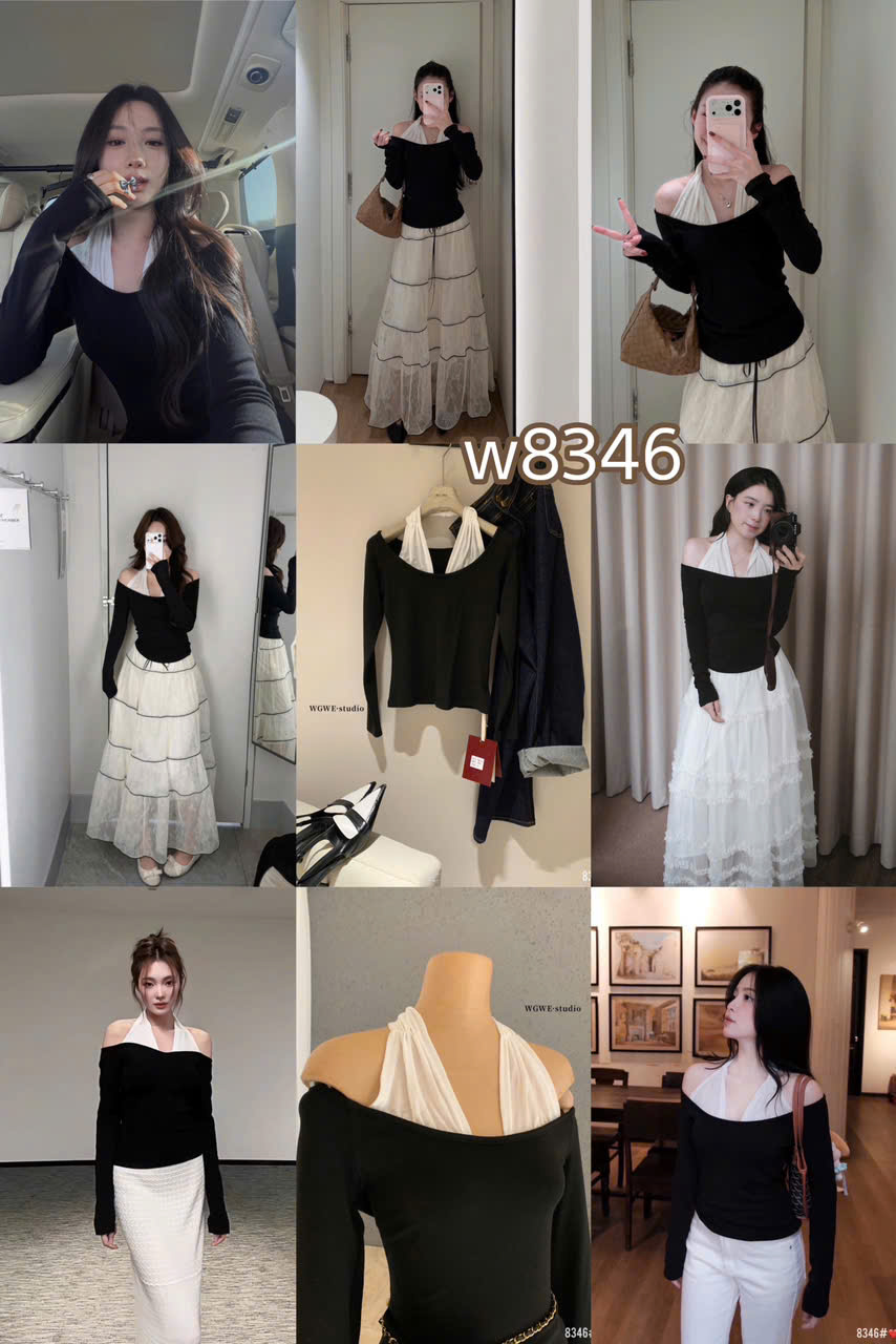 ÁO DÀI ĐEN CỔ MIX YẾM WWGE MÃ W8346