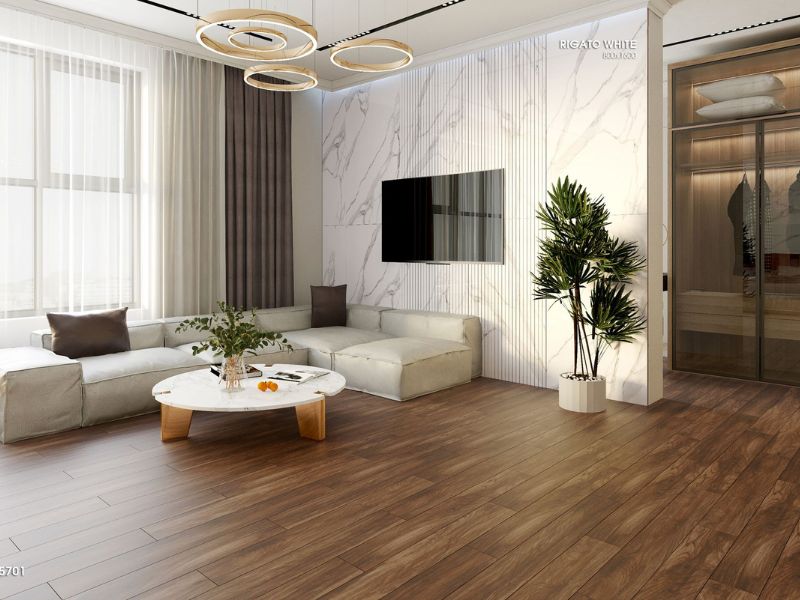 Gạch lát nền giả gỗ cho phòng khách hiện đại