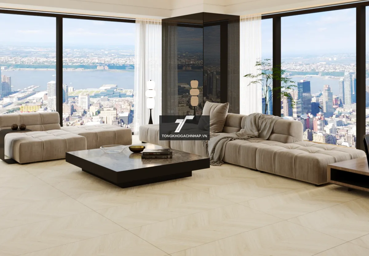 Mẫu gạch giả gỗ 60x120 xương cá màu vàng nhạt lát phòng khách