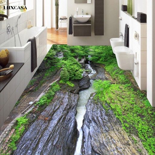 Hình ảnh suối rừng được thể hiện qua gạch lát nền nhà tắm 3d này