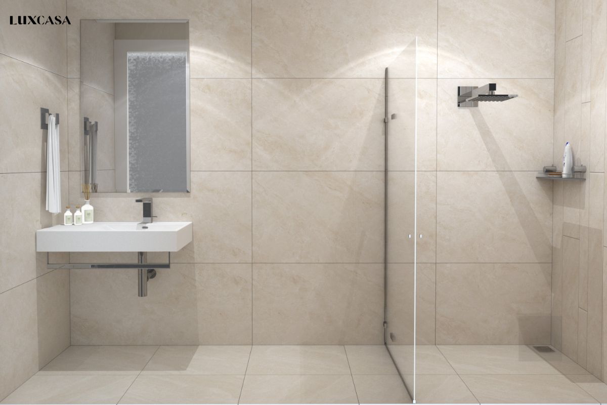 Thiết kế nhà tắm gạch tường và nền cùng tông màu và kích thước 1 chiều 60cm chùng ron nhau