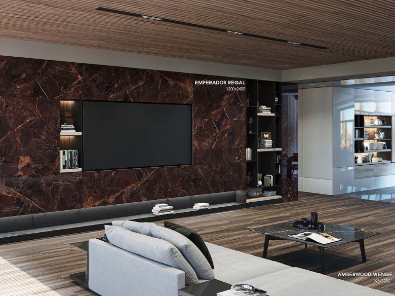 Chọn gạch lát nền phòng khách giả gỗ với tông màu nâu đen đẳng cấp