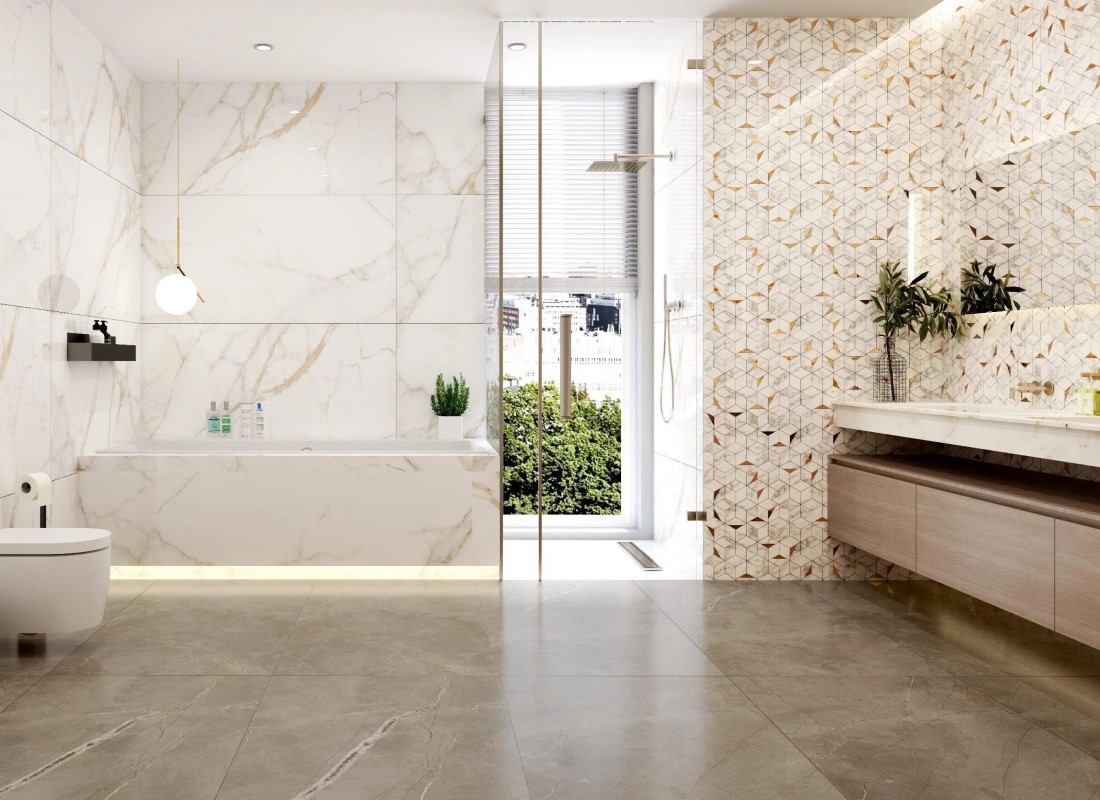 Mẫu gạch mosaic lục giác vân đá đính kim loại LUHXGLER ốp nhà tắm