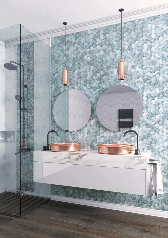Trang trí nhà tắm với dòng gạch mosaic ốp tường màu xanh ấn tượng