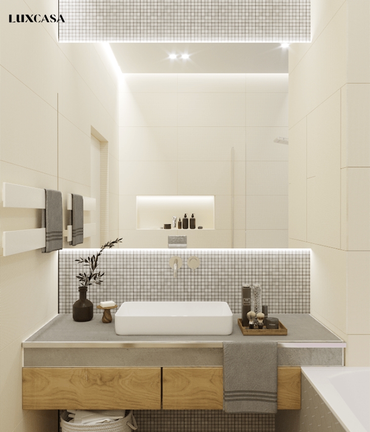 Gạch mosaic kích thước nhỏ là lựa chọn lý tưởng cho phòng tắm nhỏ, với khả năng chống rêu mốc hiệu quả, đồng thời tạo điểm nhấn cho không gian phòng tắm.