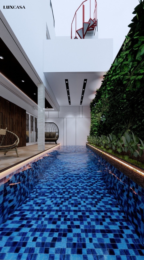 Mẫu bề bơi ốp lát gạch mosaic thủy tinh xanh dương đậm
