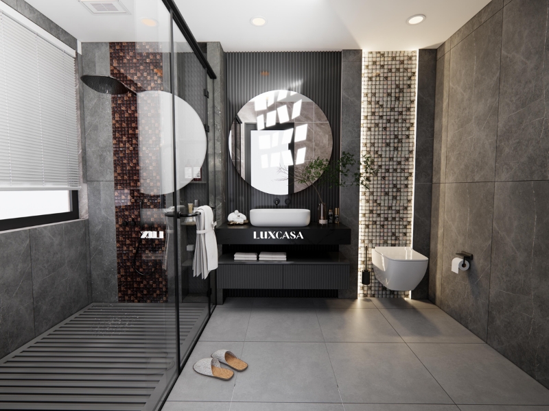 Mẫu gạch mosaic thủy tinh ốp nhà tắm mang tới vẻ đẹp nổi bật và ấn tượng từ cái nhìn đầu tiên