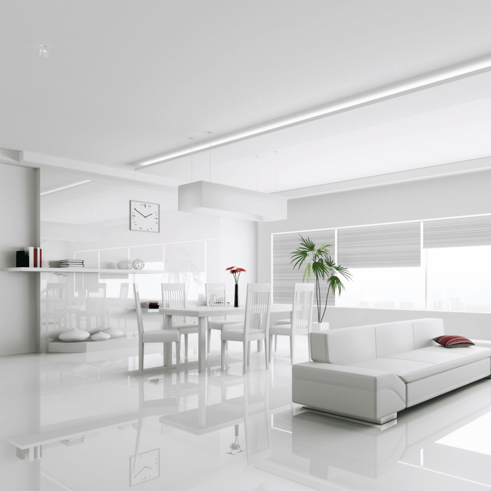 Ốp lát phòng khách gạch trắng trơn cho ngôi nhà mang phong cách truyền thống