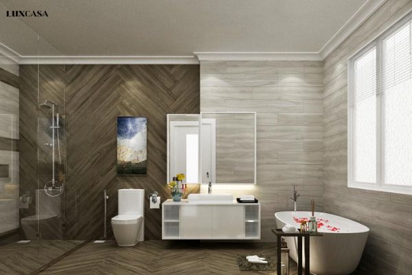 Gạch giả gỗ màu ghi ốp nhà vệ sinh tạo nên sự ấm áp, tư nhiên cho không gian