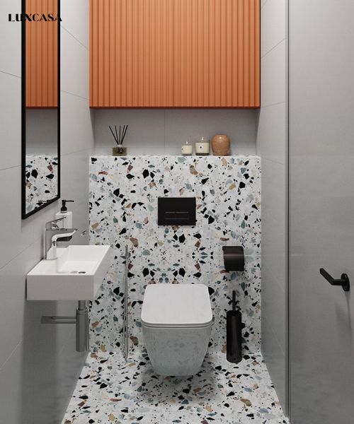 Kết hợp gạch ốp nhà vệ sinh màu ghi với gạch terrazzo