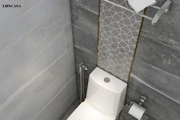Gạch ốp nhà vệ sinh màu ghi 30x60 trang trí viền kim loại đầy sang trọng