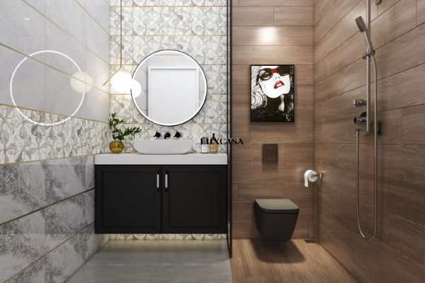 Sự kết hợp hoàn hảo giữa gạch màu ghi và gạch giả gỗ cho bức tường nhà vệ sinh, nhà tắm