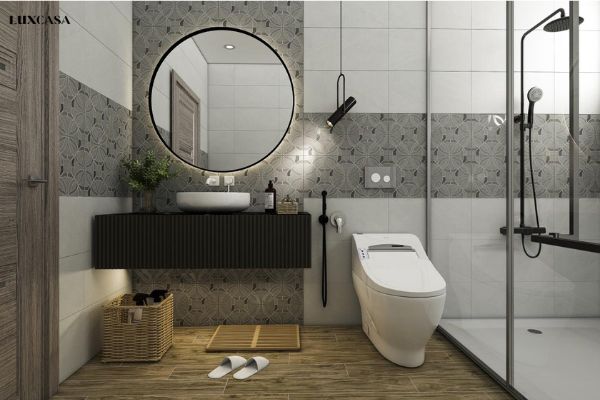 Trang trí tường bằng gạch họa tiết màu ghi với nền gạch giả gỗ tạo nên sự hài hòa giữa thiên nhiên và phong cách hiện đại
