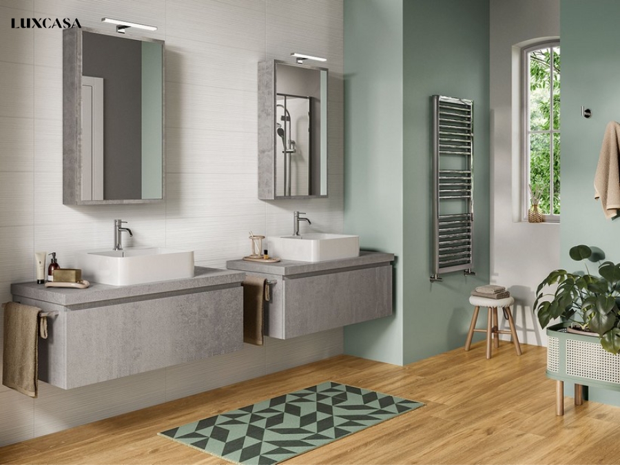 Sự kết hợp giữa gạch trắng và xanh lá tạo nên vẻ đẹp tươi mới và đơn giản cho không gian nhà tắm và toilet