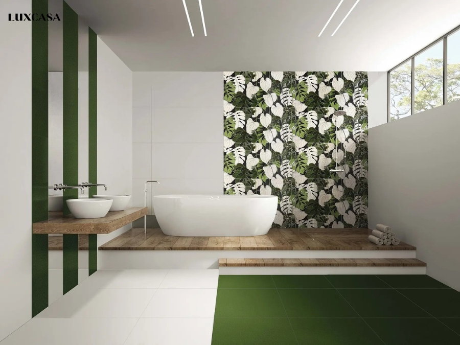 Gạch ốp tường 40x80 đơn sắc màu trắng phối gới gạch hoa văn trang trí