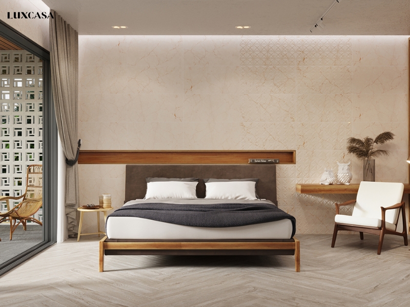 Các mẫu gạch ốp tường 40x80cm phòng ngủ màu be ấp áp  a