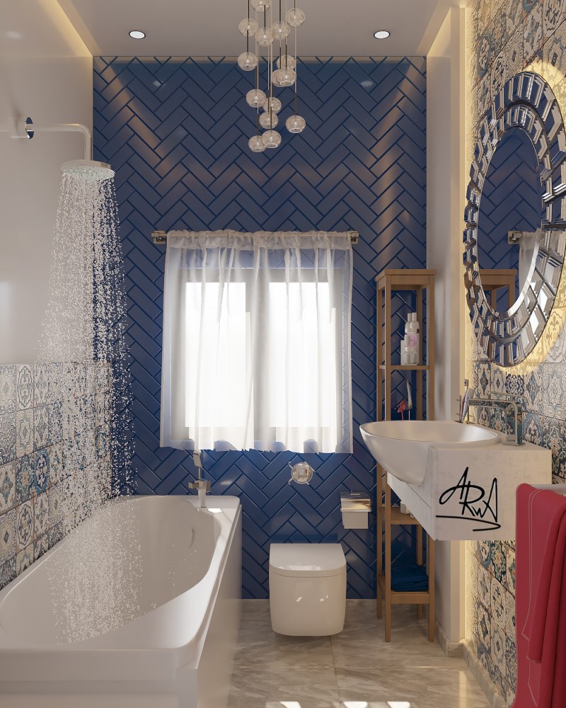 Sử dụng gạch thẻ màu xanh dương trong phòng tắm là cách tuyệt vời để tạo ra không gian thanh lịch và tinh tế