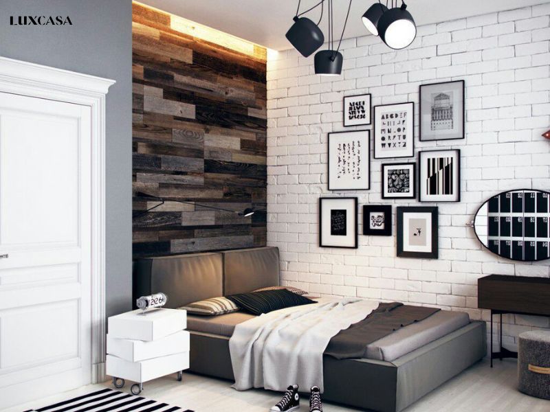 Thiết kế phòng khách đồng tông màu phòng ngủ với gạch thẻ màu trắng. Tông màu chủ đạo trắng đen đem đến cảm giác thích thú