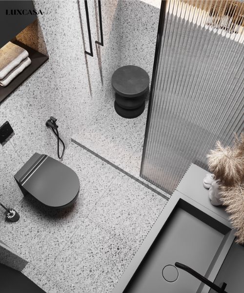Gạch terrazzo màu ghi ốp lát nhà vệ sinh tạo nên sự mới lạ được các bạn trẻ lựa chọn rất nhiều