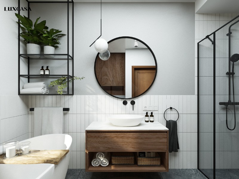 Gạch thẻ trắng ốp tường, gạch nền terrazzo xám và chút gỗ tự nhiên sẽ là sự kết hợp hoàn hảo cho nhà tắm mang phong cách hiện đại, trẻ trung