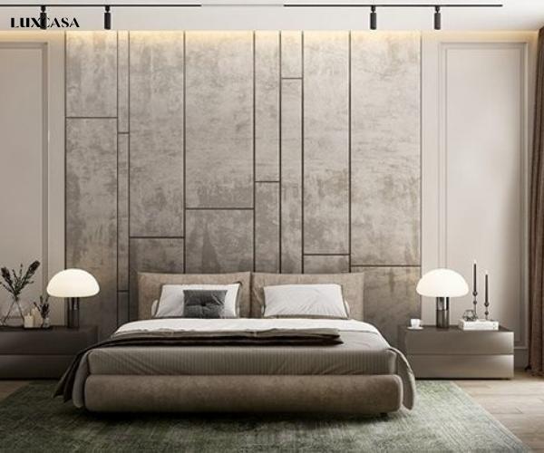 Gạch ốp tường phòng ngủ với tông màu xi măng làm tăng thêm vẻ hiện đại, sang trọng