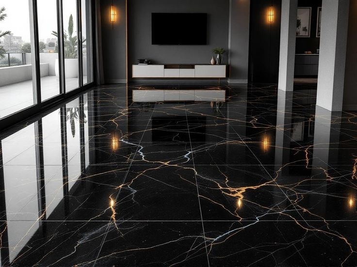 Gạch đá đen bóng 60x120 lát phòng khách