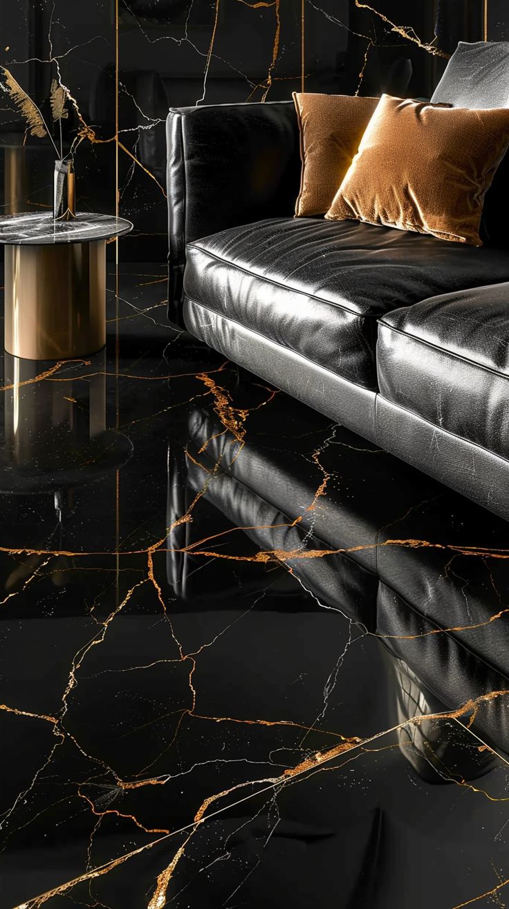 Gạch giả đá màu đen vân vàng ánh kim