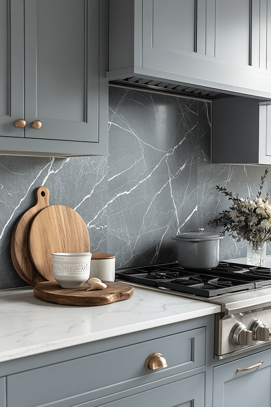 Gạch giả đá xám ốp tường bếp