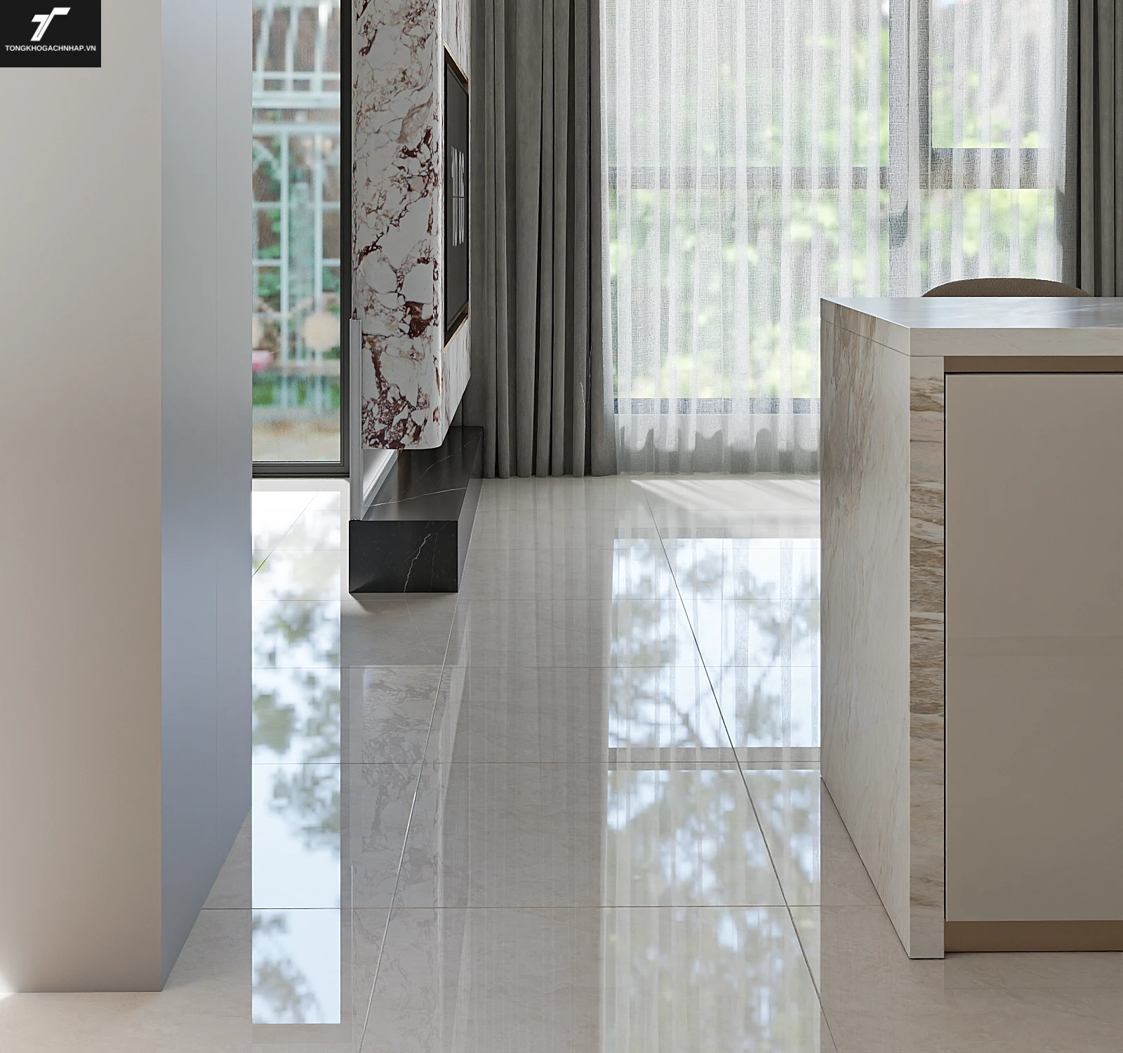 Gạch lát nền phòng khách 80x80 bòng kính