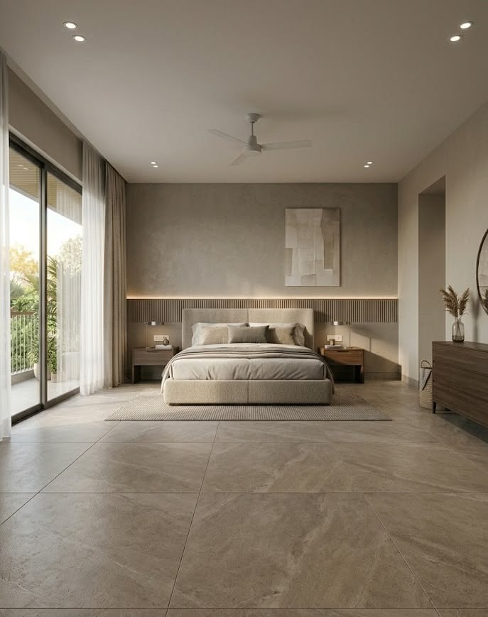 Gạch lát phòng ngủ màu be ấm áp