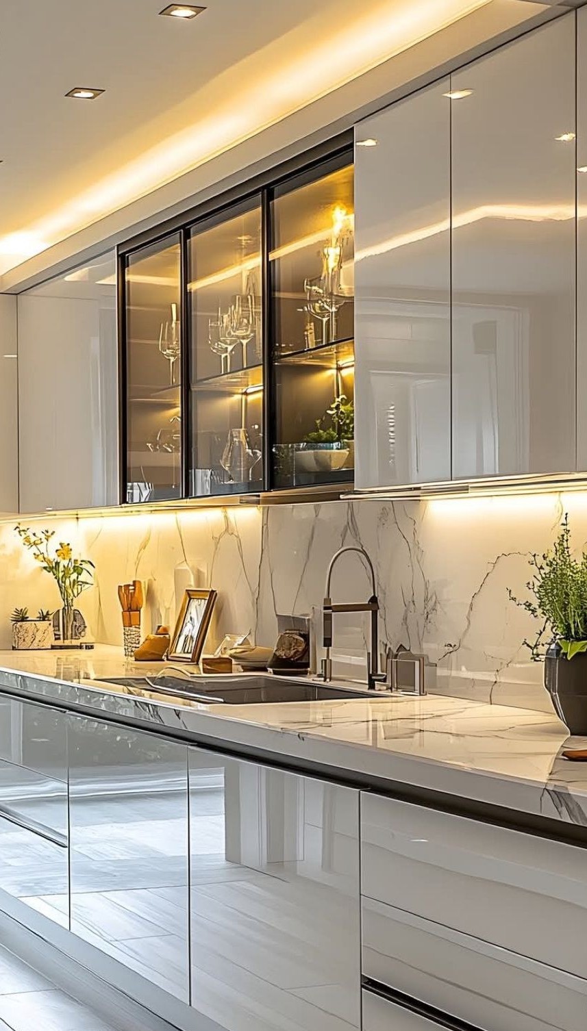 Gạch ốp bếp bóng làm nổi bật đèn led