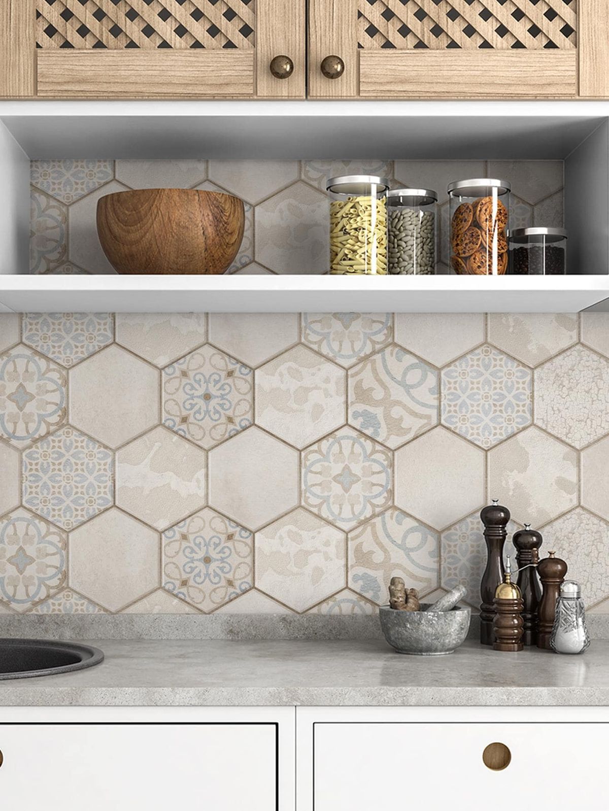 Gạch ốp bếp hình lục giác