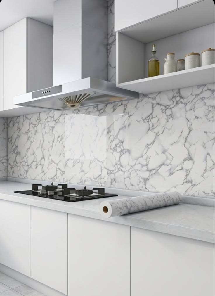 Gạch ốp bếp màu trắng xám marble