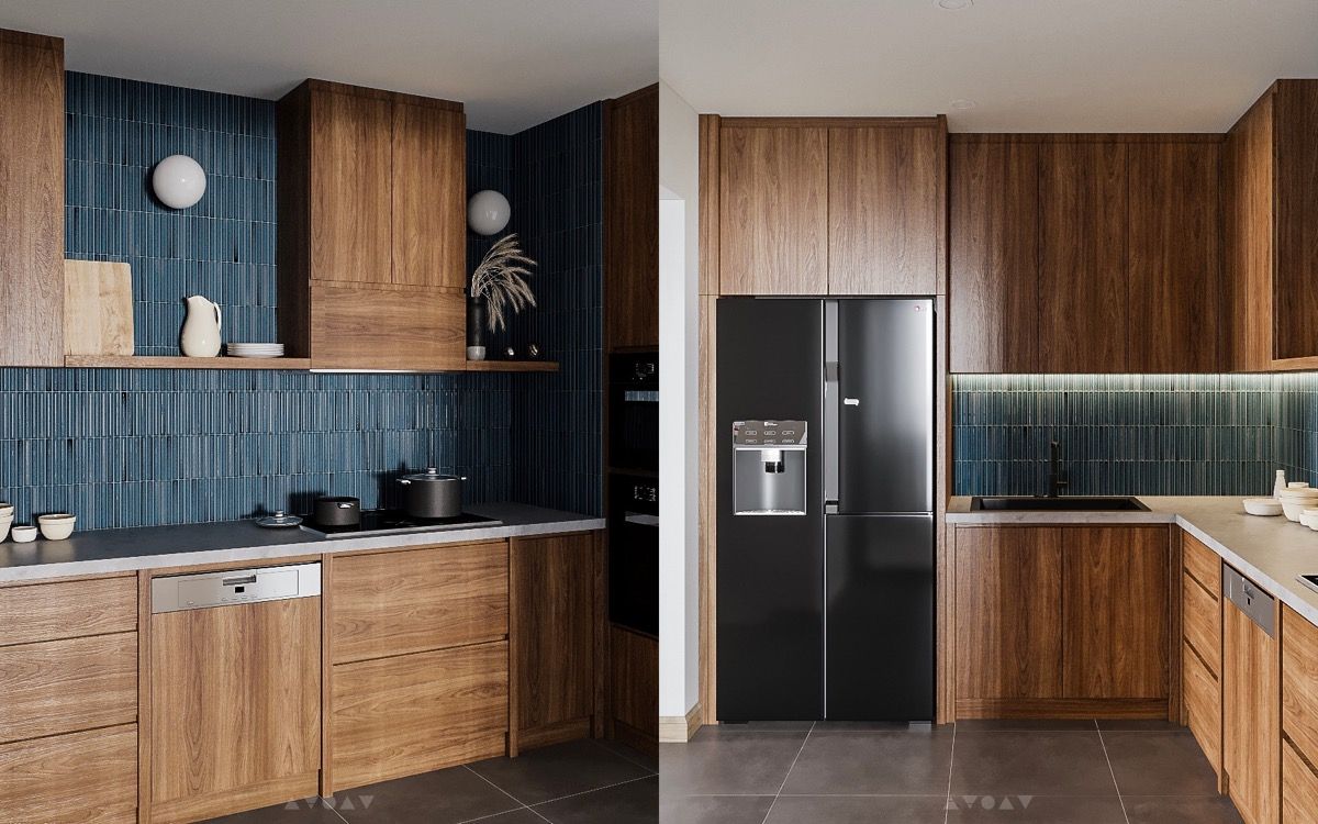 Gạch ốp bếp màu xanh