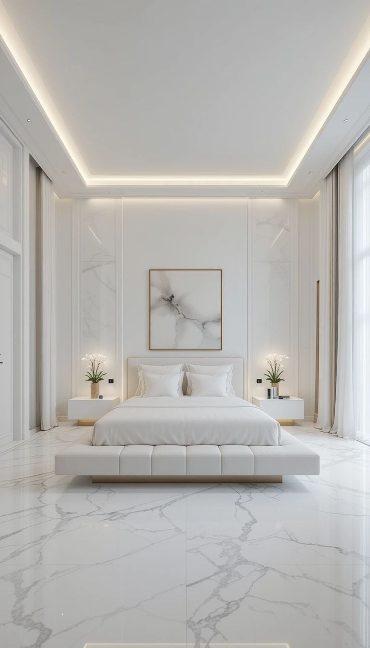 Gạch ốp nền phòng ngủ vân đá màu trắng