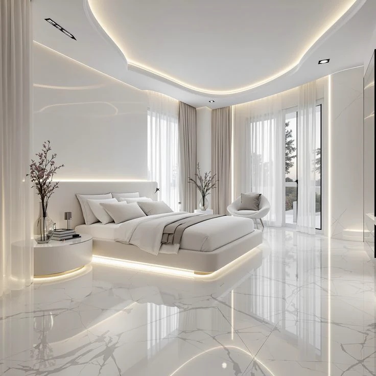 Gạch ốp nền phòng ngủ vân đá màu trắng