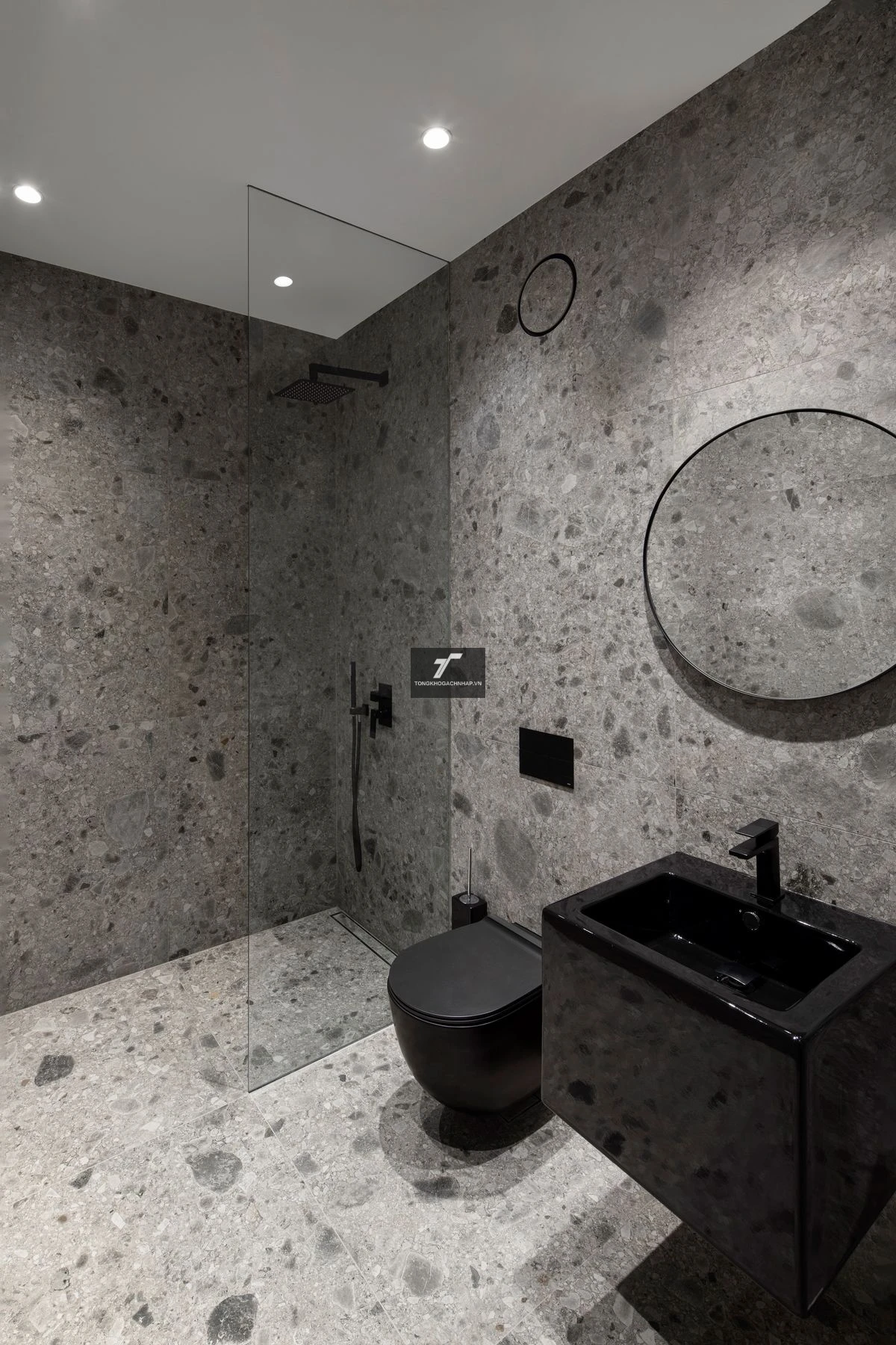 Gạch ốp wc màu xám kiểu vân terrazzo