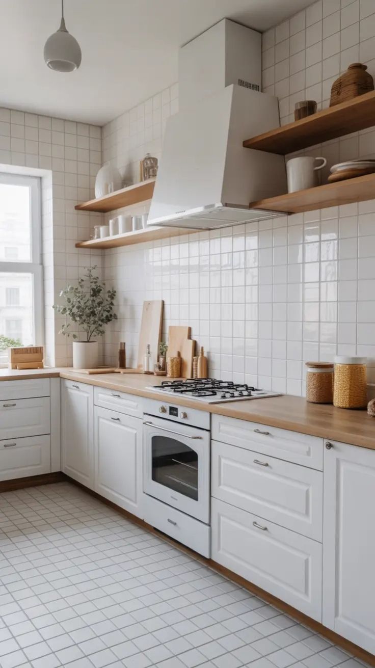Gạch thẻ vuông màu trắng ốp tường bếp