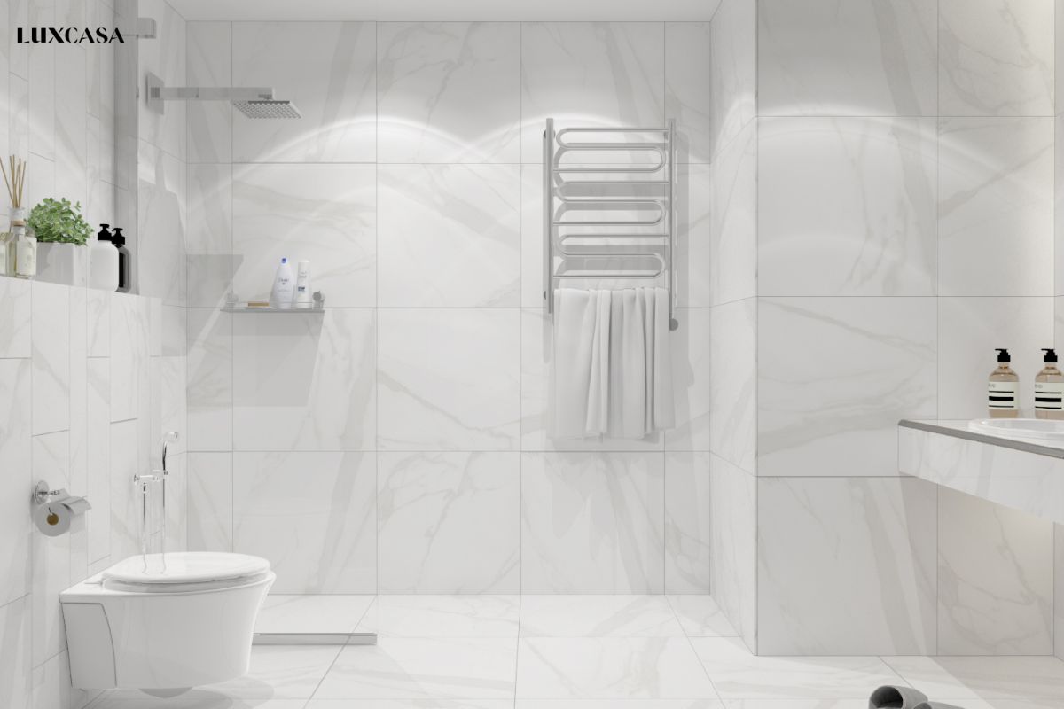 Thiết kế một không gian toàn màu trắng với 1 mẫu gạch 60x60 cho cả nền và tường