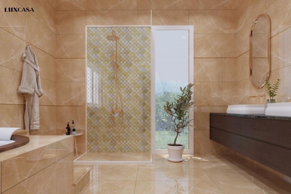 Mẫu gạch lát nền 60x60 vân đá marble kết hợp cùng gạch mosaic trang trí