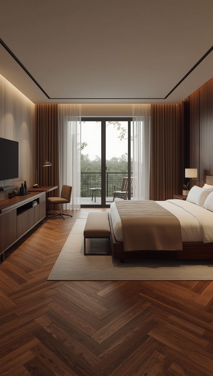 Mẫu gạch giả gỗ màu tối lát phòng ngủ
