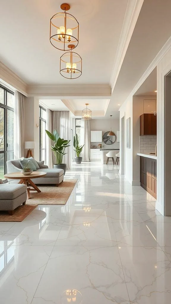 Sảnh lớn lát gạch trắng bóng vân đá