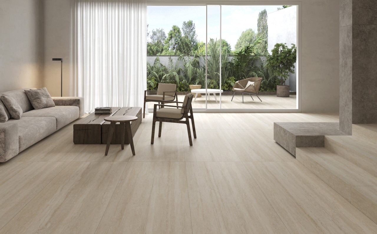 Gạch giả đá travertine màu kem nhạt 600×1200 612LUTV1