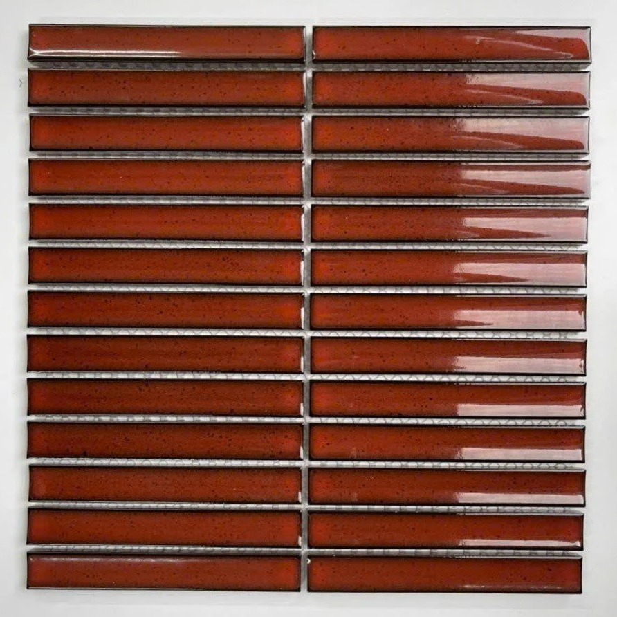 Gạch mosaic que bóng 296x299/20x145 BHTH02006 (đỏ/bóng/lõm/hạt mè)