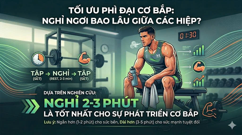 Nên nghỉ ngơi bao nhiêu phút giữa các hiệp tập (Sets) để tối ưu phì đại cơ bắp?