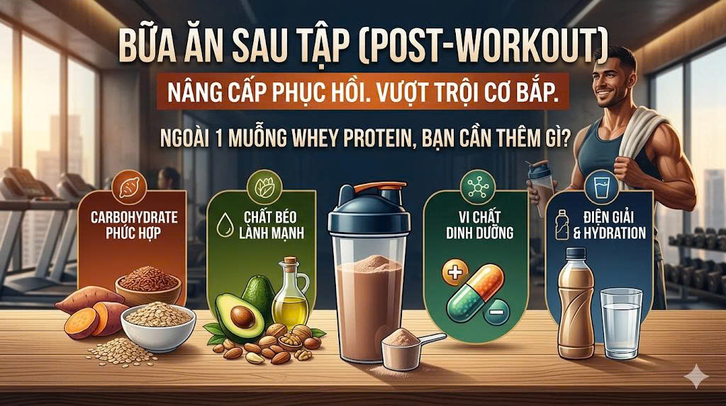 Bữa ăn sau tập (Post-workout) cần bổ sung những gì ngoài 1 muỗng Whey Protein?